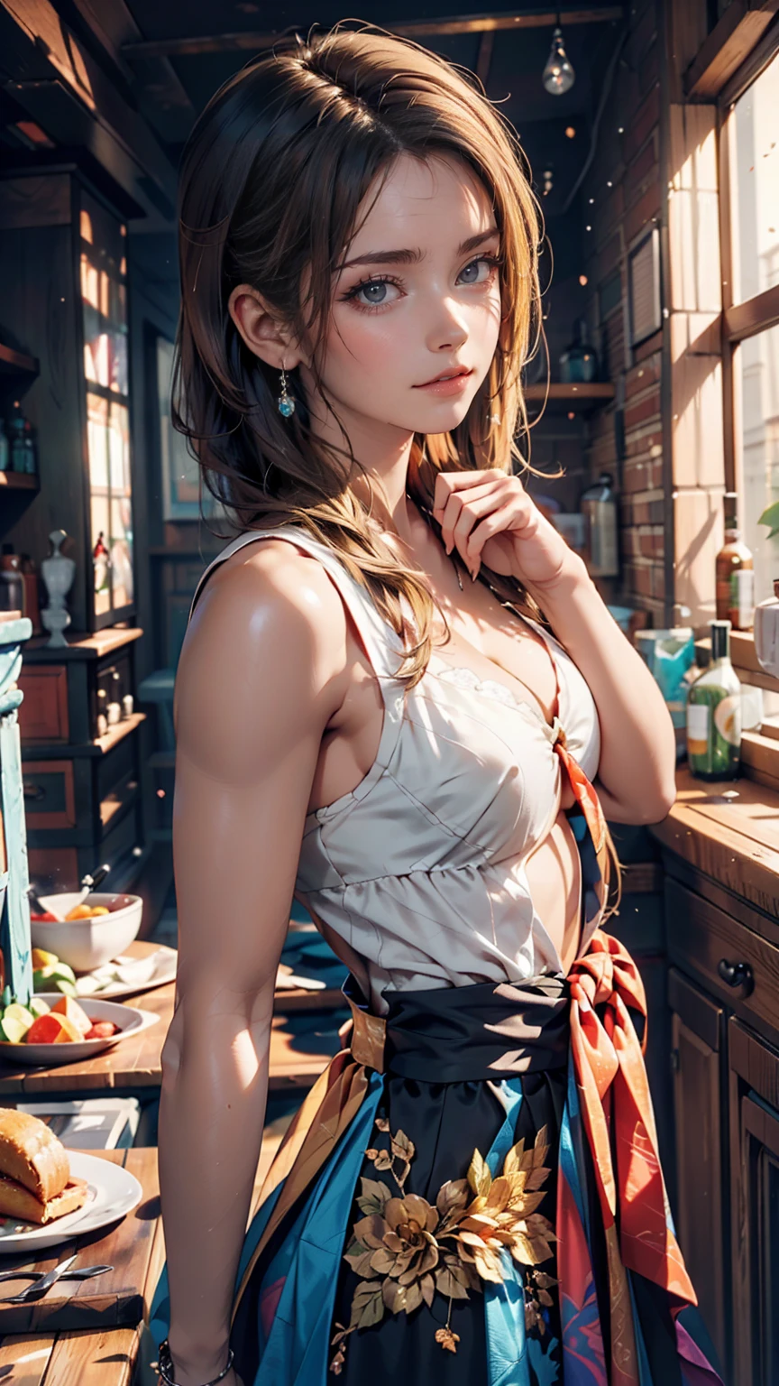 Beautiful blonde woman, The wax dress melts and drips off her body. (masterpiece: 1.2), (Highest quality), 4K, Very detailed, (Dynamic configuration: 1.4), Very detailed, Colorful details, (Rainbow colors: 1.2), (Bright lighting, Atmospheric lighting), dream-like, Magic, (alone: 1.2) 、Sexy proportions、Narrow waist、Long eyelashes、mature female body、Hair pulled up and tied back((hair pulled back))、blue eyes