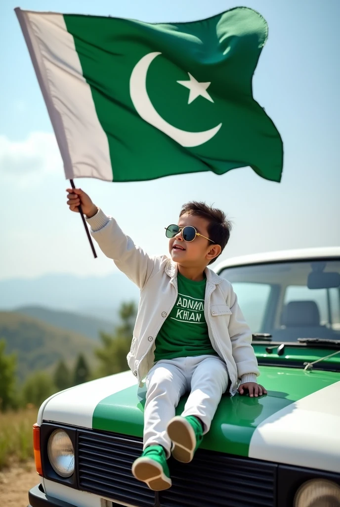 Create an Real image featuring a 8 year old child
sitting on the hood of a white and green car,with Pakistan’s scenic background. He’s holding a flag celebrating Pakistan’s 14th August. The boy wears a green T-shirt with ‘ADNAN KHAN ’ printed on it, a white jacket, white pants, green shoes and sunglasses.