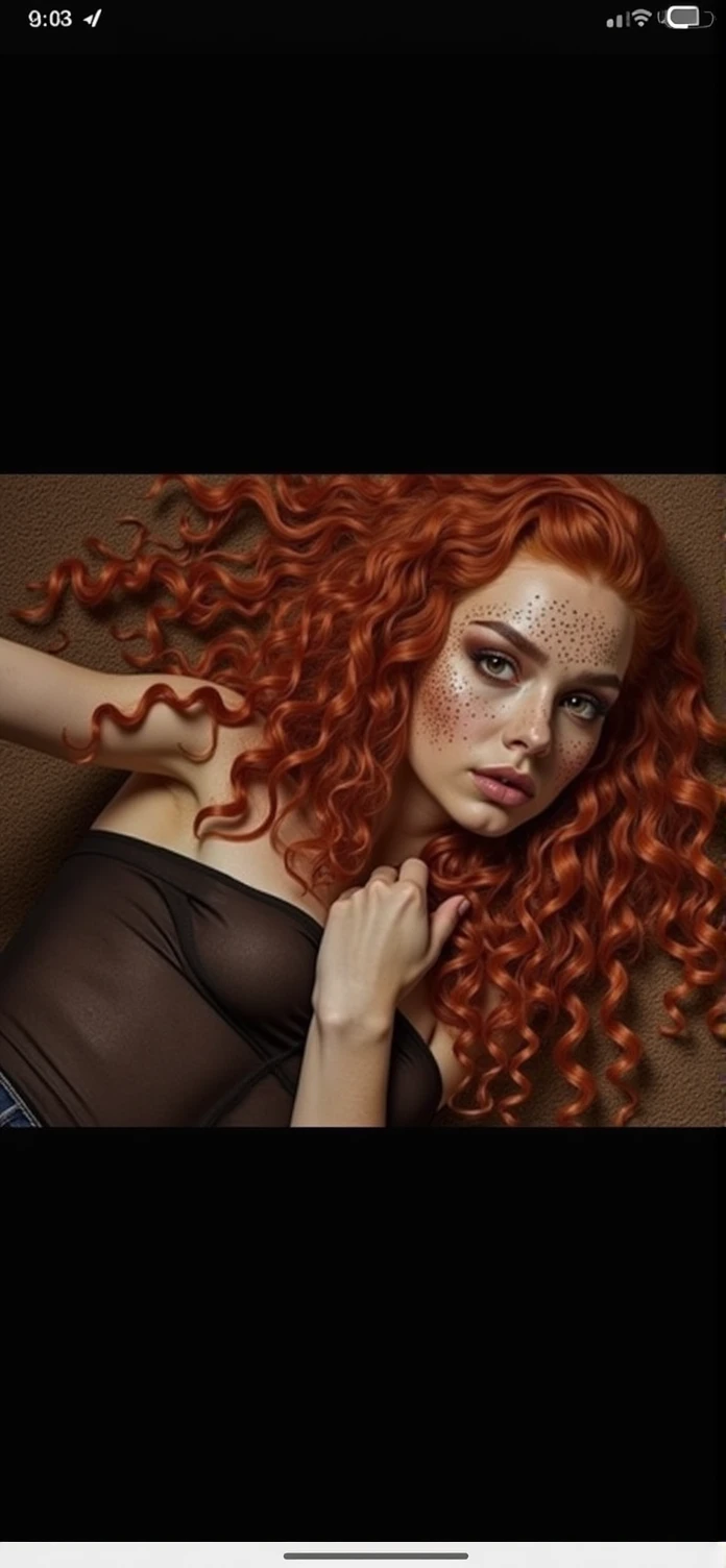 redhead woman + big, intense brown almond-shaped eyes + curly hair 3a and 3b + Brazilian+ freckles 