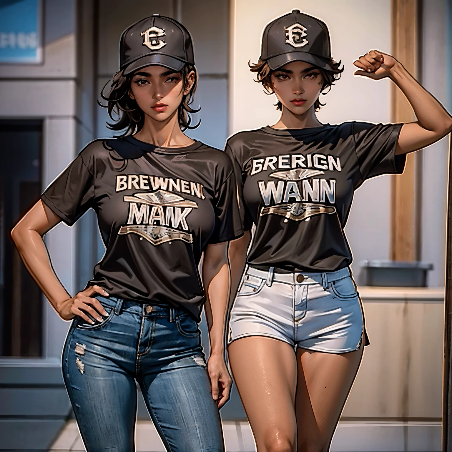 1 girl, Alone, brown skin, mujer de brown skin Parte superior del cuerpo, baseball cap, T-shirt, tomboy