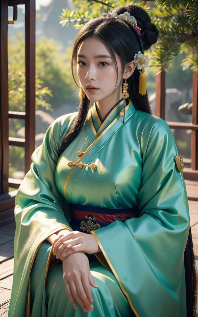 Game Art，Best picture quality，Maximum resolution，8K，(A bust photo)，(portrait)，(Head close-up)，(Rule of Thirds)，Unreal Engine 5 rendering works， (Future Girl)，(Female Warrior)， 
20 year old girl，(Ancient Chinese general)，Eyes full of details，(Large Breasts)，Elegance and nobility，indifferent，brave，
(Wearing ancient Chinese clothing，Chinese Hanfu，Tang dynasty costumes，The costumes are rich in detail，Complex ornaments，）（Colorful clothing)，Chinese characters，Fantasy style，
Photo poses，Wild background，Ancient building background，Movie Lighting，Ray Tracing，Game CG，((3D Unreal Engine))，OC rendering reflection mode
