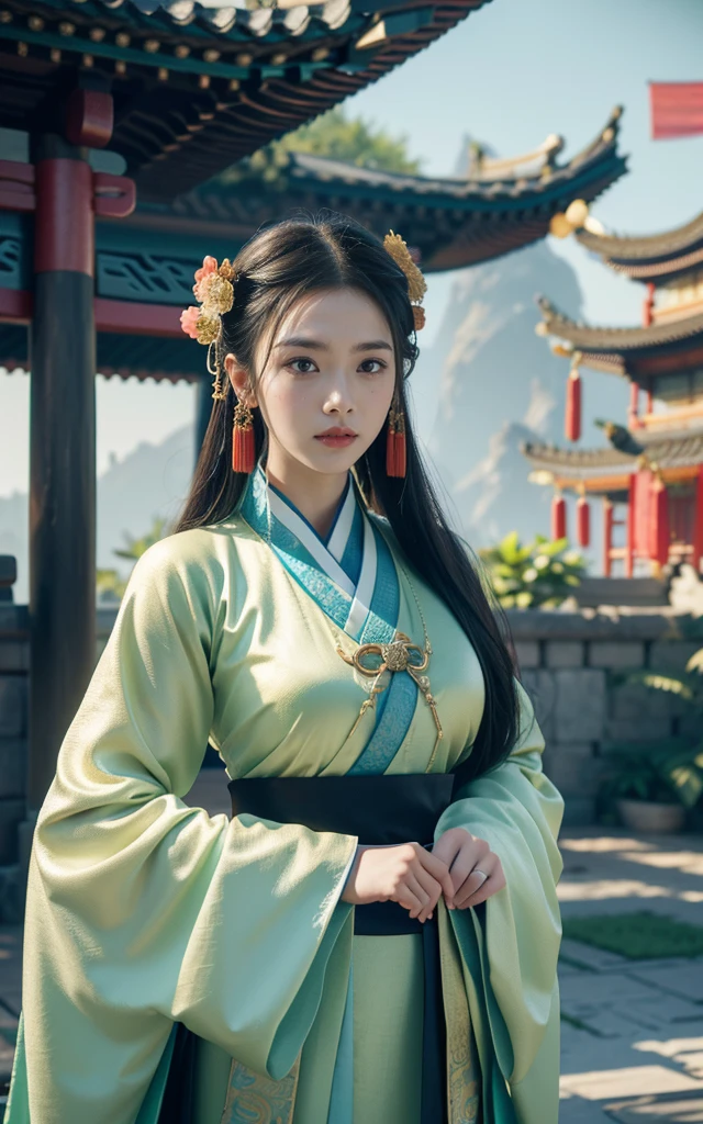 Game Art，Best picture quality，Maximum resolution，8K，(A bust photo)，(portrait)，(Head close-up)，(Rule of Thirds)，Unreal Engine 5 rendering works， (Future Girl)，(Female Warrior)， 
20 year old girl，(Ancient Chinese general)，Eyes full of details，(Large Breasts)，Elegance and nobility，indifferent，brave，
(Wearing ancient Chinese clothing，Chinese Hanfu，Tang dynasty costumes，The costumes are rich in detail，Complex ornaments，）（Colorful clothing)，Chinese characters，Fantasy style，
Photo poses，Wild background，Ancient building background，Movie Lighting，Ray Tracing，Game CG，((3D Unreal Engine))，OC rendering reflection mode