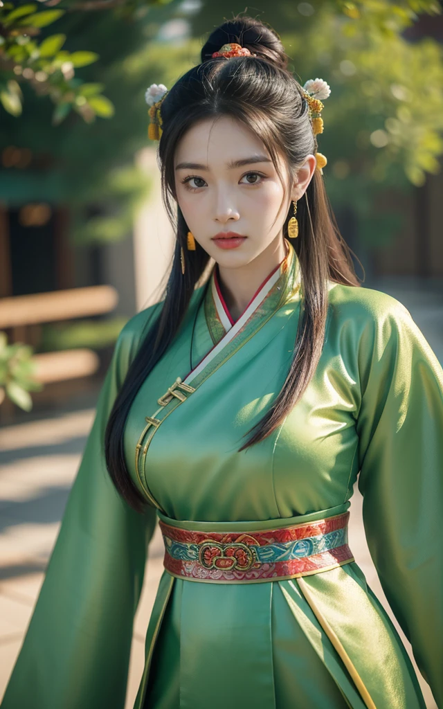 Game Art，Best picture quality，Maximum resolution，8K，(A bust photo)，(portrait)，(Head close-up)，(Rule of Thirds)，Unreal Engine 5 rendering works， (Future Girl)，(Female Warrior)， 
20 year old girl，(Ancient Chinese general)，Eyes full of details，(Large Breasts)，Elegance and nobility，indifferent，brave，
(Wearing ancient Chinese clothing，Chinese Hanfu，Tang dynasty costumes，The costumes are rich in detail，Complex ornaments，）（Colorful clothing)，Chinese characters，Fantasy style，
Photo poses，Wild background，Ancient building background，Movie Lighting，Ray Tracing，Game CG，((3D Unreal Engine))，OC rendering reflection mode