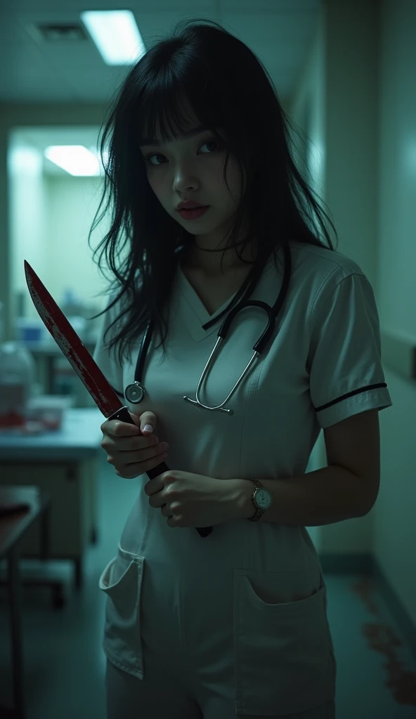 Best quality,1 Girl，(20 years old,Black hair,Dark Nurse,Nurse Clothing),Eyes sparkling,(Holding a bloody knife),(Evil smile:1.3),whole body, Sexy body,White skin,Pale skin,Chest,(whole body:1.3),(crazy:1.3), (Destroyed hospital,Electric Spark,(Very dark:1.5),dirty, Messed up,(In the operating room:1.3),night),(Dynamic Angle:1.8),Dynamic poses,Long Shot,landscape,[fear:2.0],Dynamic Angle