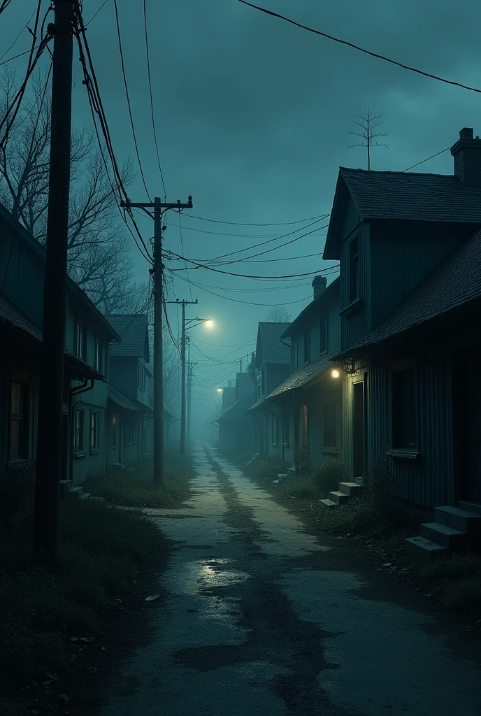 Desolate Village: A dark, abandoned village street with empty, shadowy houses and dim, flickering streetlights to set a foreboding atmosphere.