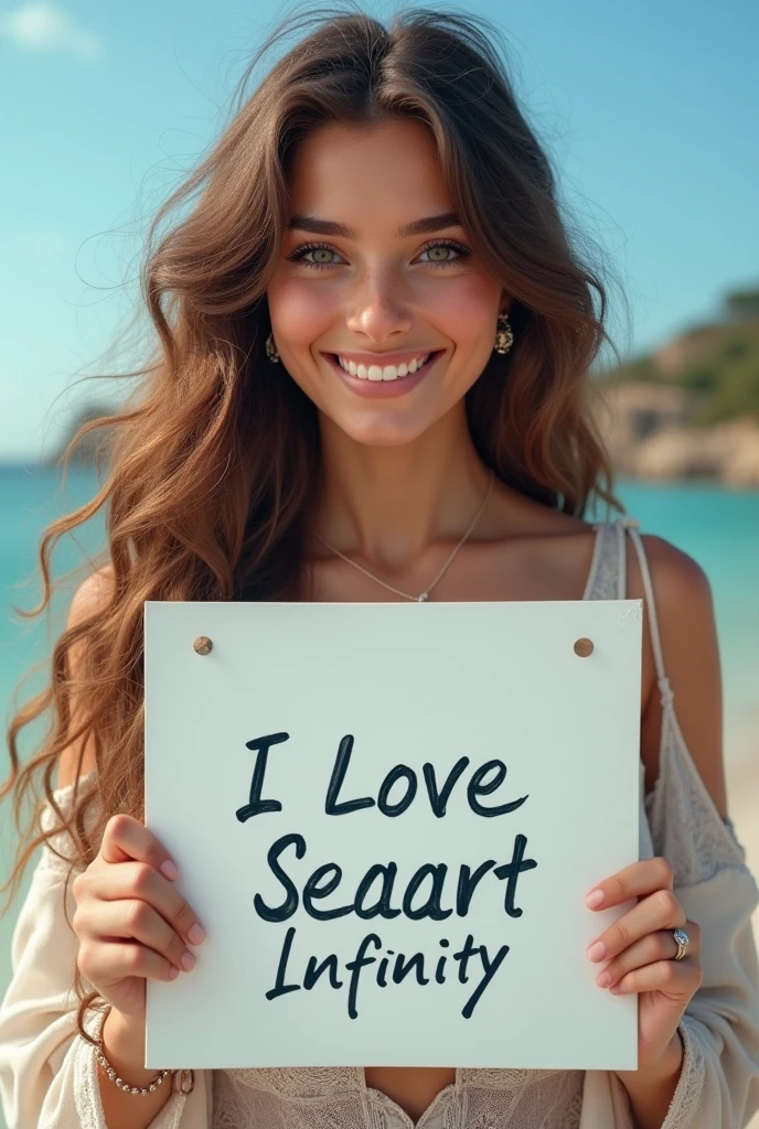 Beautiful girl with wavy long hair, bohemian dress, holding a white board with text "I Love Seaart Infinity" and showing it to the viewer