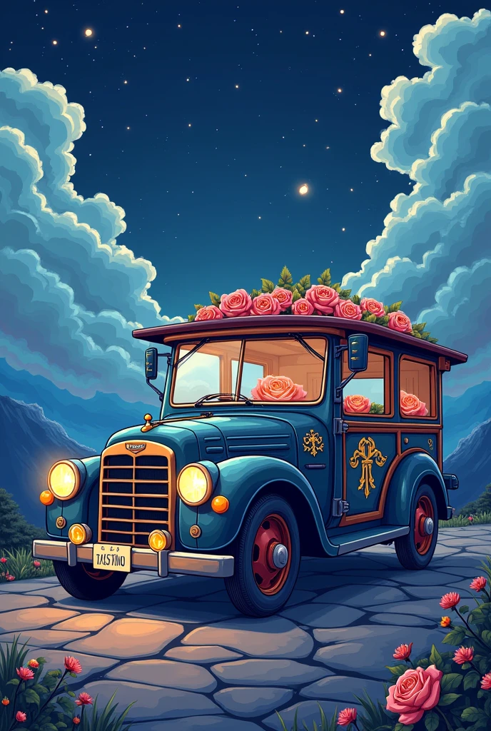 Light Epic Class (Cute cartoon pixel illustration:1.2), (Masterpieces in up to 16K resolution, excellent quality, Extremely detailed:1.3), side view of a grand (Strange:1.2) car (Takanawa:1.2) and (Distinctive features, decorated with runes and folding roof), Printed roses, In the outline (Gothic World) night, clouds and sparkles.