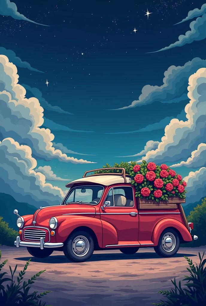 Light Epic Class (Cute cartoon pixel illustration:1.2), (Masterpieces in up to 16K resolution, excellent quality, Extremely detailed:1.3), side view of a grand (Strange:1.2) car (Takanawa:1.2) and (Distinctive features, decorated with runes and folding roof), Printed roses, In the outline (Gothic World) night, clouds and sparkles.