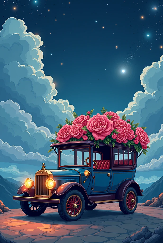 Light Epic Class (Cute cartoon pixel illustration:1.2), (Masterpieces in up to 16K resolution, excellent quality, Extremely detailed:1.3), side view of a grand (Strange:1.2) car (Takanawa:1.2) and (Distinctive features, decorated with runes and folding roof), Printed roses, In the outline (Gothic World) night, clouds and sparkles.