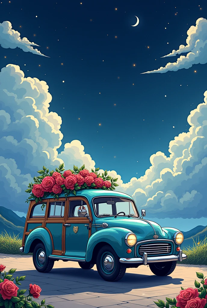 Light Epic Class (Cute cartoon pixel illustration:1.2), (Masterpieces in up to 16K resolution, excellent quality, Extremely detailed:1.3), side view of a grand (Strange:1.2) car (Takanawa:1.2) and (Distinctive features, decorated with runes and folding roof), Printed roses, In the outline (Gothic World) night, clouds and sparkles.