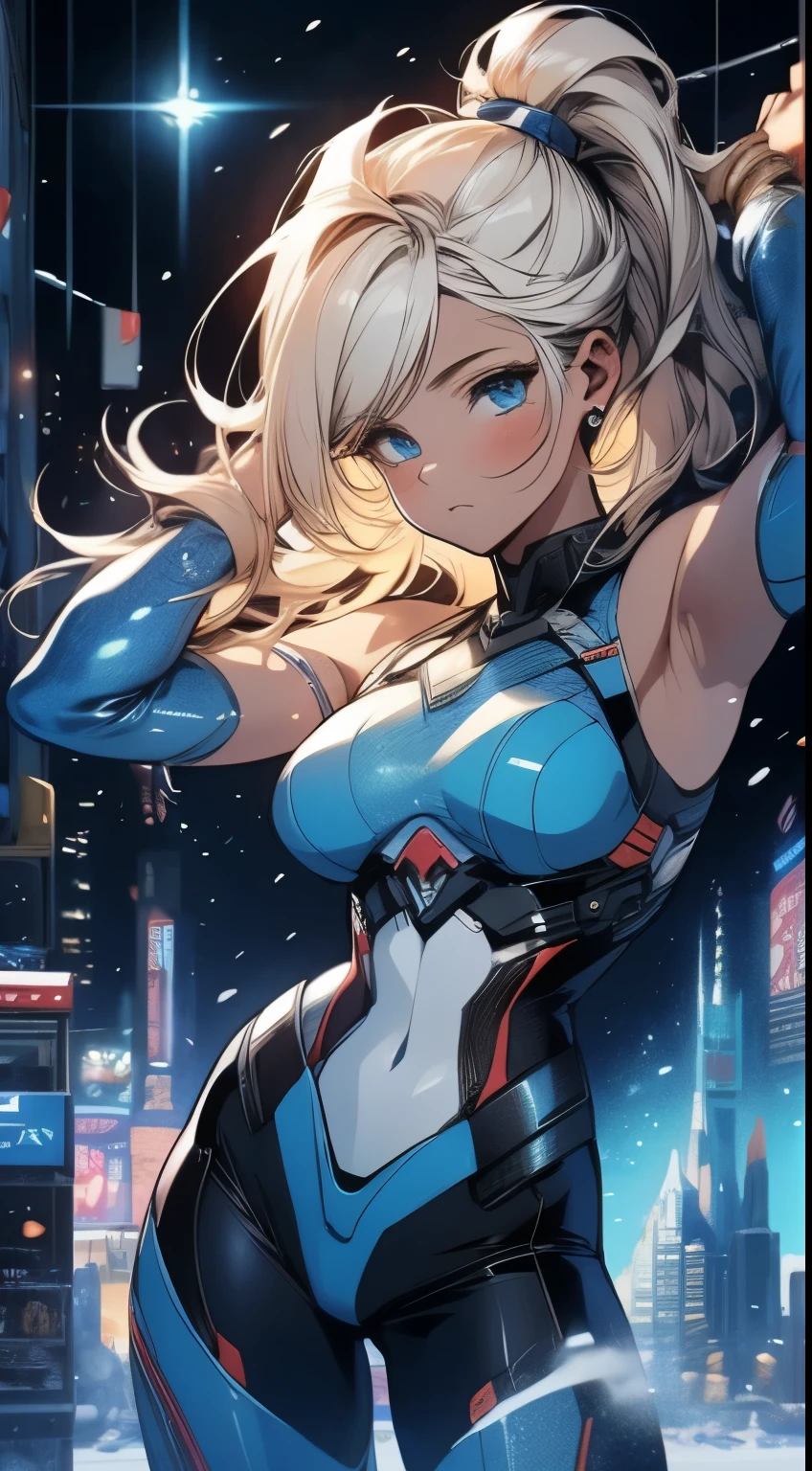 top-quality、Top image quality、masterpiece、Android Girl((blue mechanic body、、teen ager、White Ml Body、Best Bust、big bast,Beautiful light blue eyes、Breasts wide open, a blond、A slender,Large valleys、dye one's cheeks red、Leaning forward、has a blade of ice、White breath、have an ice gun、Reflecting the whole body)),hiquality、Beautiful Art、Background with((Fantastic world、Ice Burn City at night、snowflakes falling、Heavy snow falls、snowman、ice tower)))、masutepiece、depth of fields,
