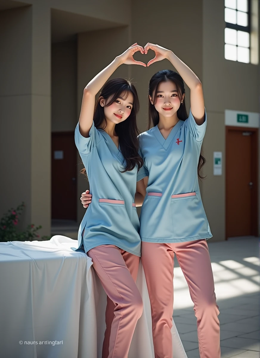 photograph, two smiling beautiful Korean female nurses wearing pink scrubs making heart shape with arms, beautiful detailed face, black hair, pale skin, fair skin, realistic skin, detailed cloth texture, detailed hair texture, Perfect proportion, Beautiful Face, accurate, Anatomically correct, Highly detailed face and skin texture , looking at viewer , modern hospital building, perfect anatomy