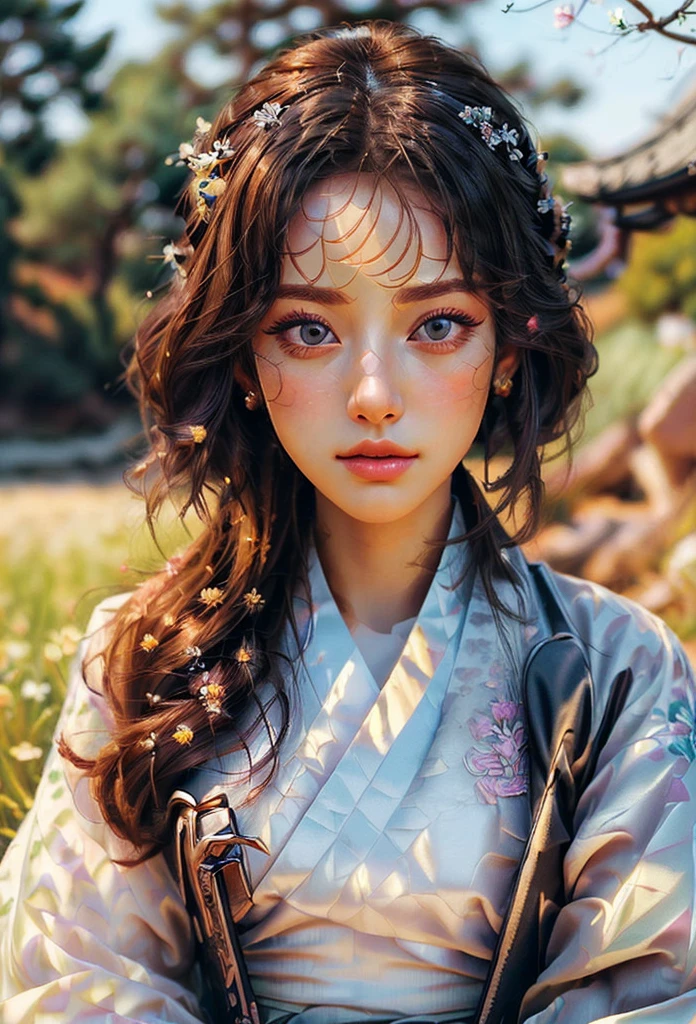 (masterpiece, best quality, very detailed: 1.6), realistic, realistic, (Single, 1 girl, beautiful and delicate eyes: 1.2), ( Wearing a pastel-toned hanbok_Laura:1.35, Detailed description ), Close up angle of buttocks, elegance, fascinating, innocence, Outdoor nature blurry background, ultra high definition,