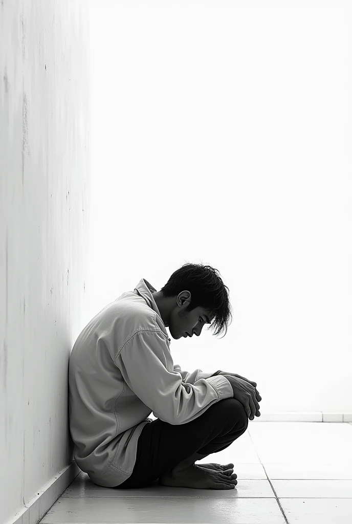 Skinny man sitting with head down in black and white
