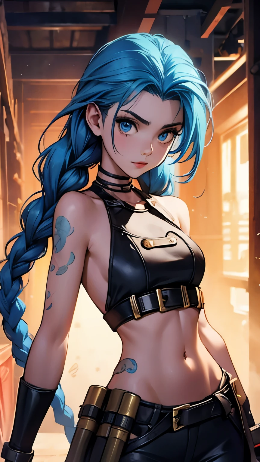Height: Approximately 1,65 meters. Complexion: thin and athletic. fur: pale, with some scars and marks. hair: Short bright blue, with loose locks and braids. eyes: light blue, often with a manic glow. outfit: Jinx usually wears worn and ragged clothing., with bright colors and chaotic patterns. He often carries weapons and explosives.