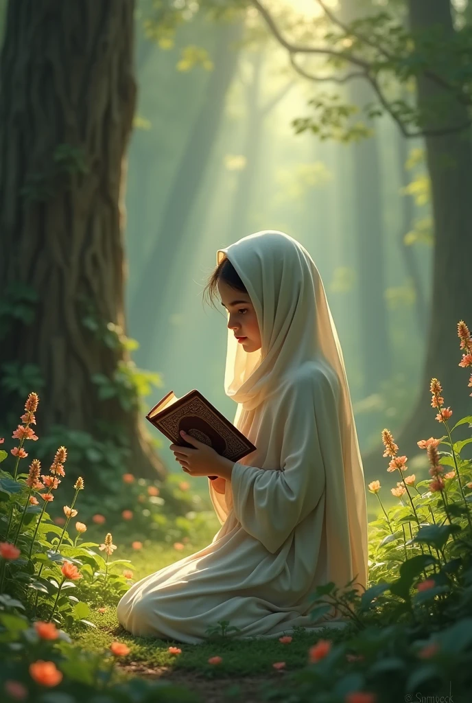 Beautiful girl pary for God, in forest, holding Quraan
