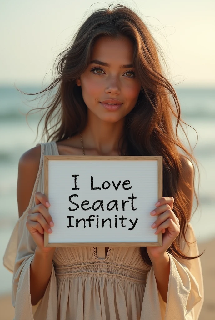 Beautiful girl with wavy long hair, bohemian dress, holding a white board with text "I Love Seaart Infinity" and showing it to the viewer