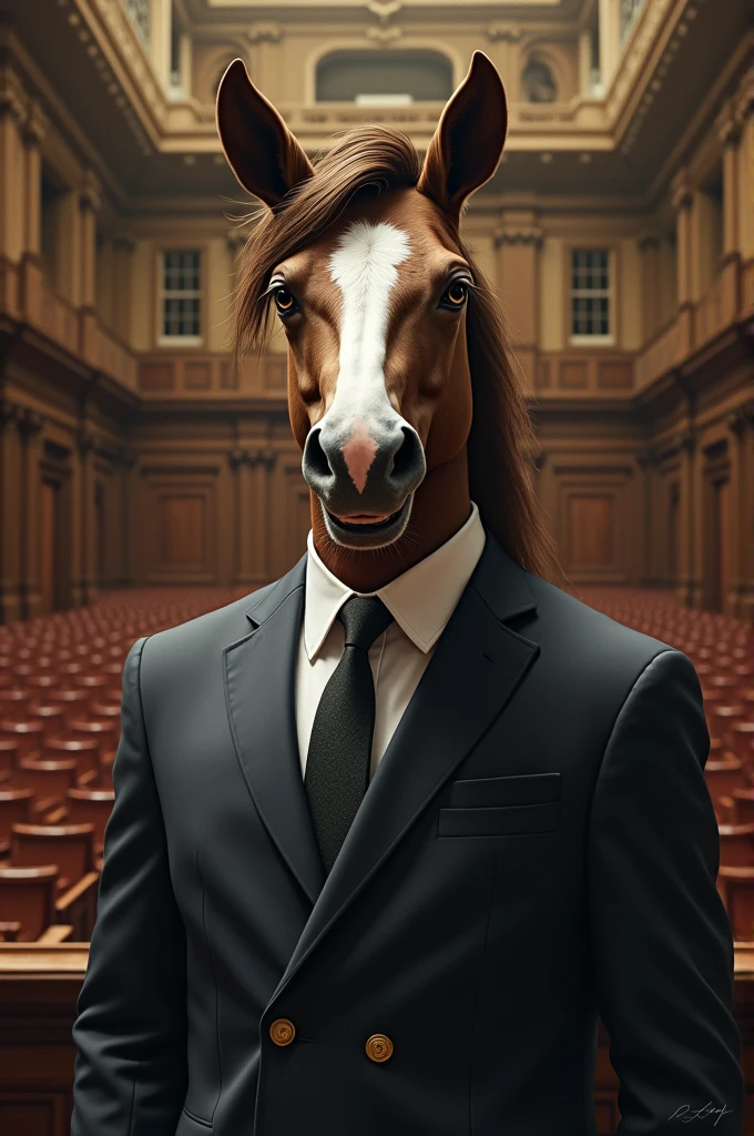 A man in a suit in parliament、Horse face