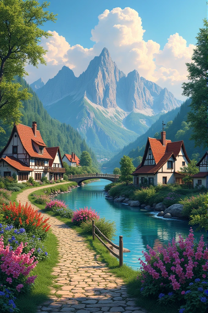 A small village by the river, Mountains in the background, Colorful flowers, Detailed landscape, Beautiful natural scenery, Atmospheric lighting, Blazing sunset, Warm colors, Practical, photoPractical, detailed foliage, Complex buildings, Cobblestone Street, Charming Country House, Vibrant colors, Lush greenery, Still water reflections, picturesque, Idyllic, masterpiece, best quality, 8K, Extremely detailed,Anime style