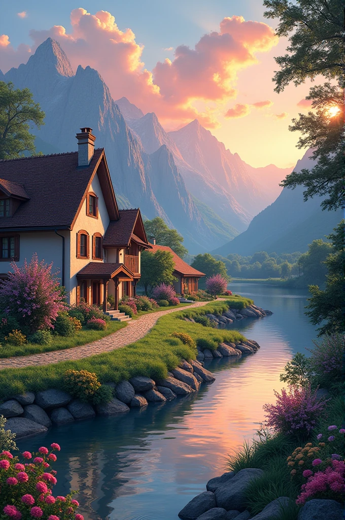 A small village by the river, Mountains in the background, Colorful flowers, Detailed landscape, Beautiful natural scenery, Atmospheric lighting, Blazing sunset, Warm colors, Practical, photoPractical, detailed foliage, Complex buildings, Cobblestone Street, Charming Country House, Vibrant colors, Lush greenery, Still water reflections, picturesque, Idyllic, masterpiece, best quality, 8K, Extremely detailed,Anime style