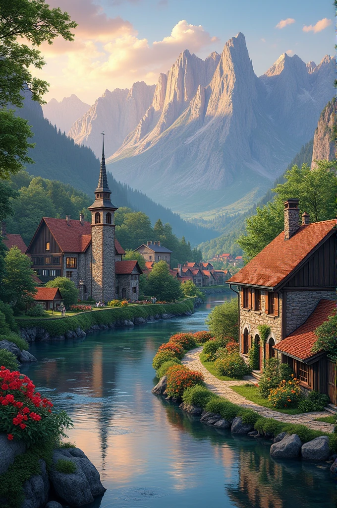 A small village by the river, Mountains in the background, Colorful flowers, Detailed landscape, Beautiful natural scenery, Atmospheric lighting, Blazing sunset, Warm colors, Practical, photoPractical, detailed foliage, Complex buildings, Cobblestone Street, Charming Country House, Vibrant colors, Lush greenery, Still water reflections, picturesque, Idyllic, masterpiece, best quality, 8K, Extremely detailed,Anime style
