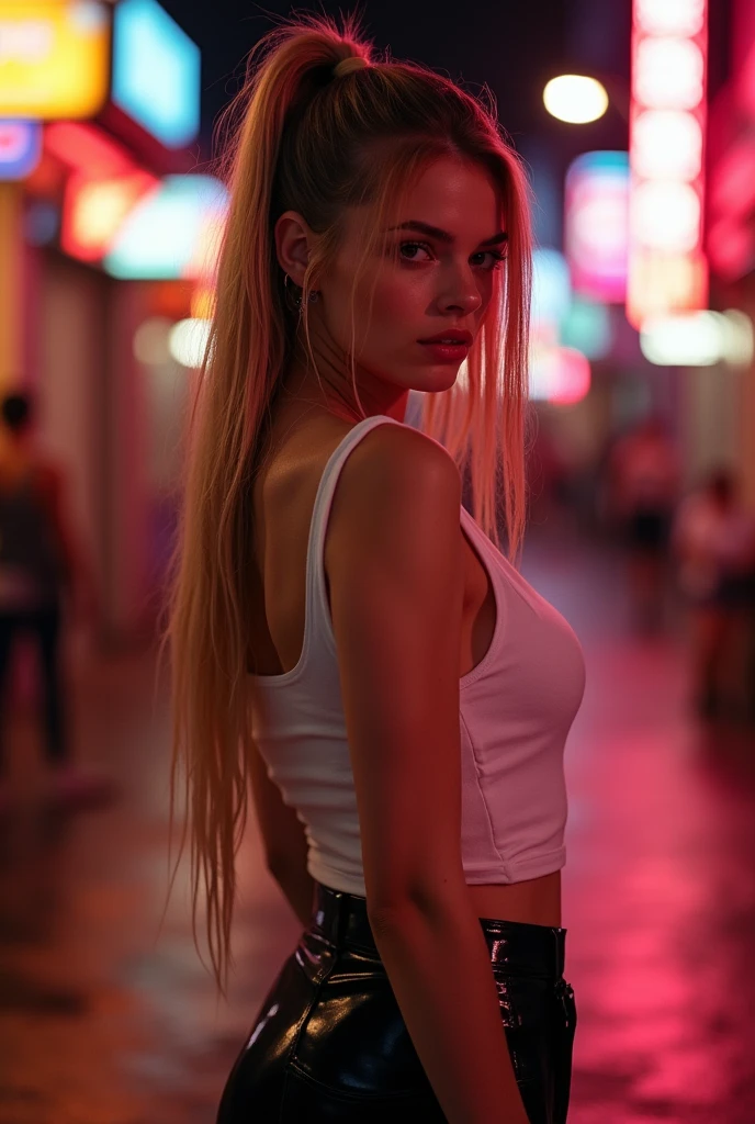 single woman about 25 years old, long wet straight blonde hair, long hair tied in one,Large lips in proportion to her face, thick and fleshy, well defined, natural color, The texture of her lips is smooth, light skin high cheekbones, well-highlighted feminine features. generous chest, narrow waist, nice ass,, Wet Tight White Tank Top,, black latex shorts , She turns her back to the camera, realist: 1.4, sexy, neon street background, photo, cinematic