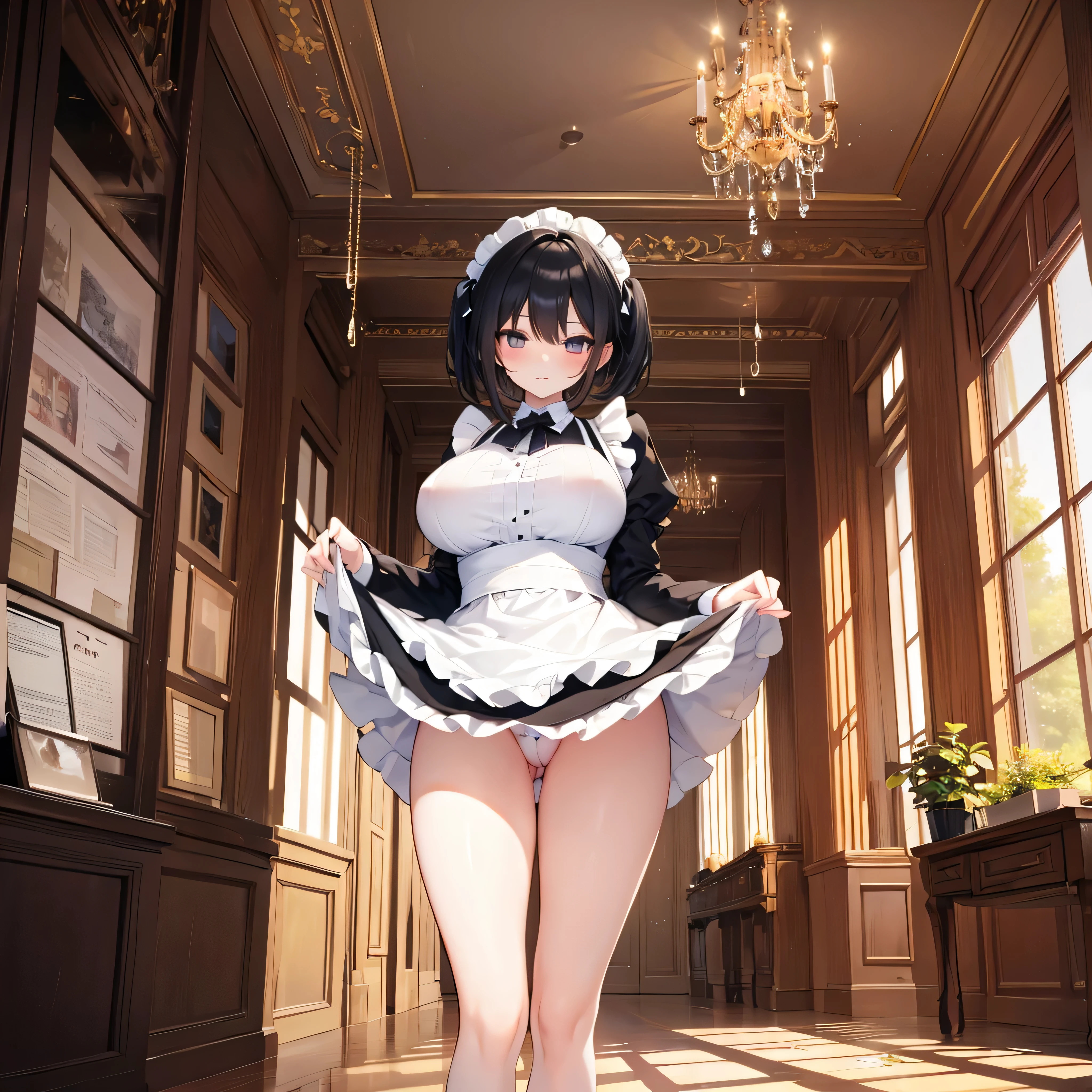 (solo:1.2), (1 skinny maid standing) in hallway, (curtsey:1.3), skinny, maid dress, short black hair, long sidelocks, bangs, BREAK, short torso, white apron cinches waist too tight, (inconceivably narrow waist:1.2), long skinny legs, (bursting huge breasts), BREAK, (both hands lifting too short skirt up), (show off white string panty), BREAK, nsfw, cameltoe, orgasm