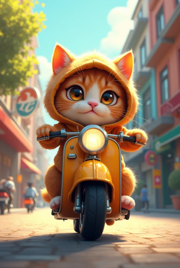 Cute cat riding a motorbike wearing a hoodie