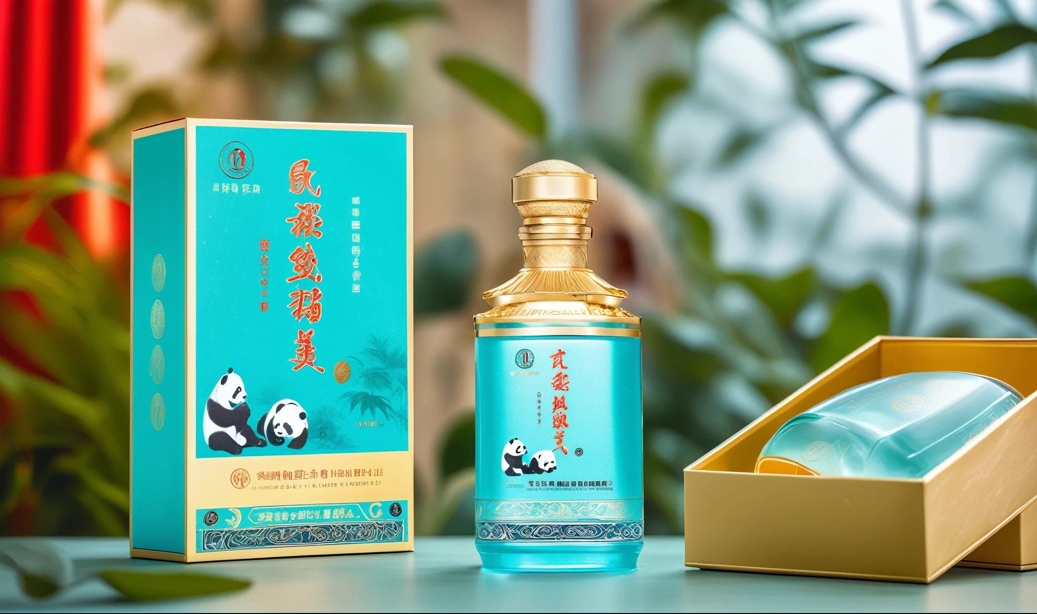A bottle of light blue liquor with panda elements, packaging box and package design, high-end atmosphere, with glass texture on the body, printed with gold text "Laojiao Thorp dismantling". The background is green plants and sky, with warm colors, illuminated by natural sunlight. It has an overall bright tone, with high definition photography style in the style of emphasizing luxury and elegance., chiaroscuro, vignetting