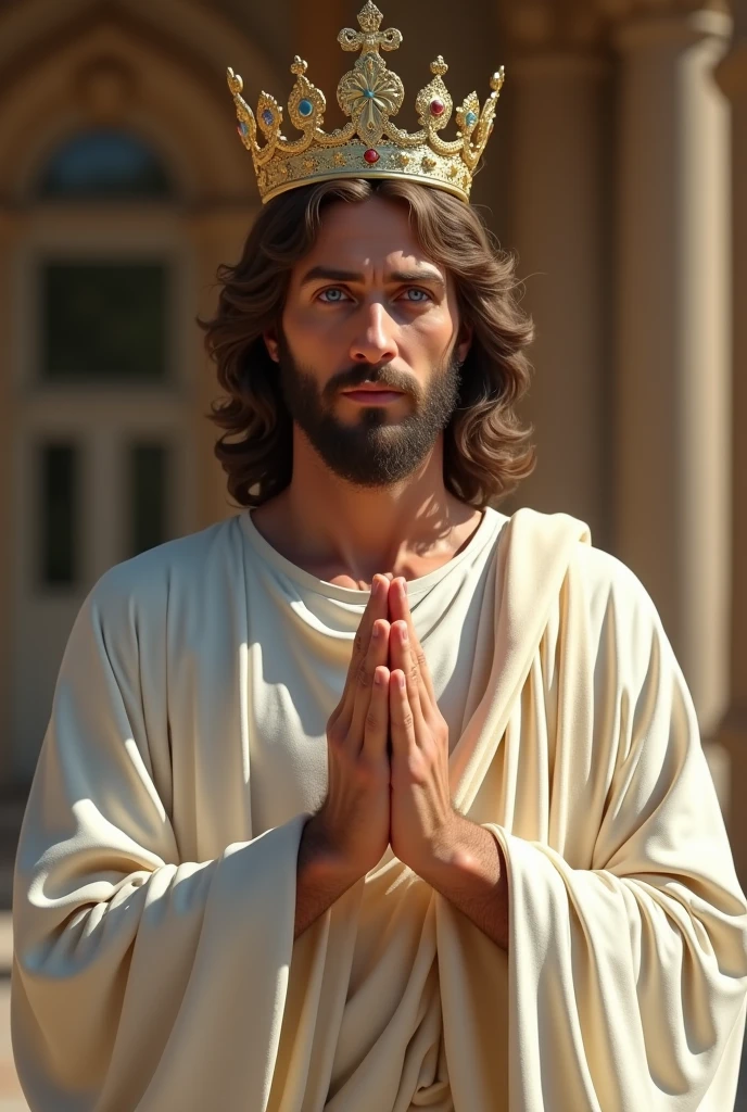 Perfect hand 5 finger, Portrait of a handsome Jesus Christ wearing white clothes with crown of king in the palace, Jesus Christ, real blue eyes, sunny day, intricate details.real Jesus Christ, straight head face, Straight body.Prayer Jesus Christ, perfect full body,  perfect hands finger,Prayer Jesus Christ, praying Jesus Christ backgrounds natural photographic