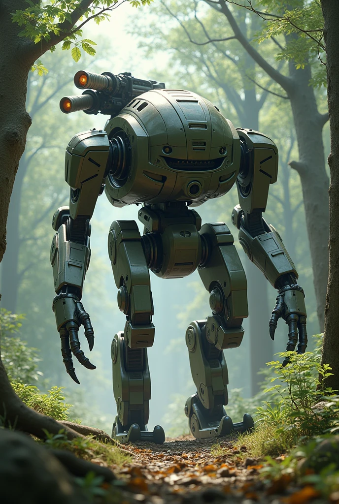 A humanoid quadruped robot with a machine gun on its back.
He is in a forest with some houses up in the trees.