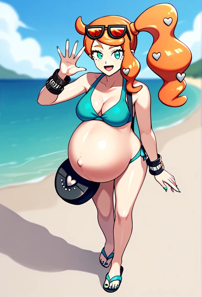 score_9, score_7_up BREAK solo,EPpkSonia,orange hair, side ponytail, aqua eyes, long hair, eyewear on head, sunglasses, heart hair ornament, aqua bikini, pregnant, pregnant belly, cleavage, bracelet, collarbone, blue panties, shoulder bag, long sleeves, nail polish, toenails aqua, flip flops, happy, beach, background