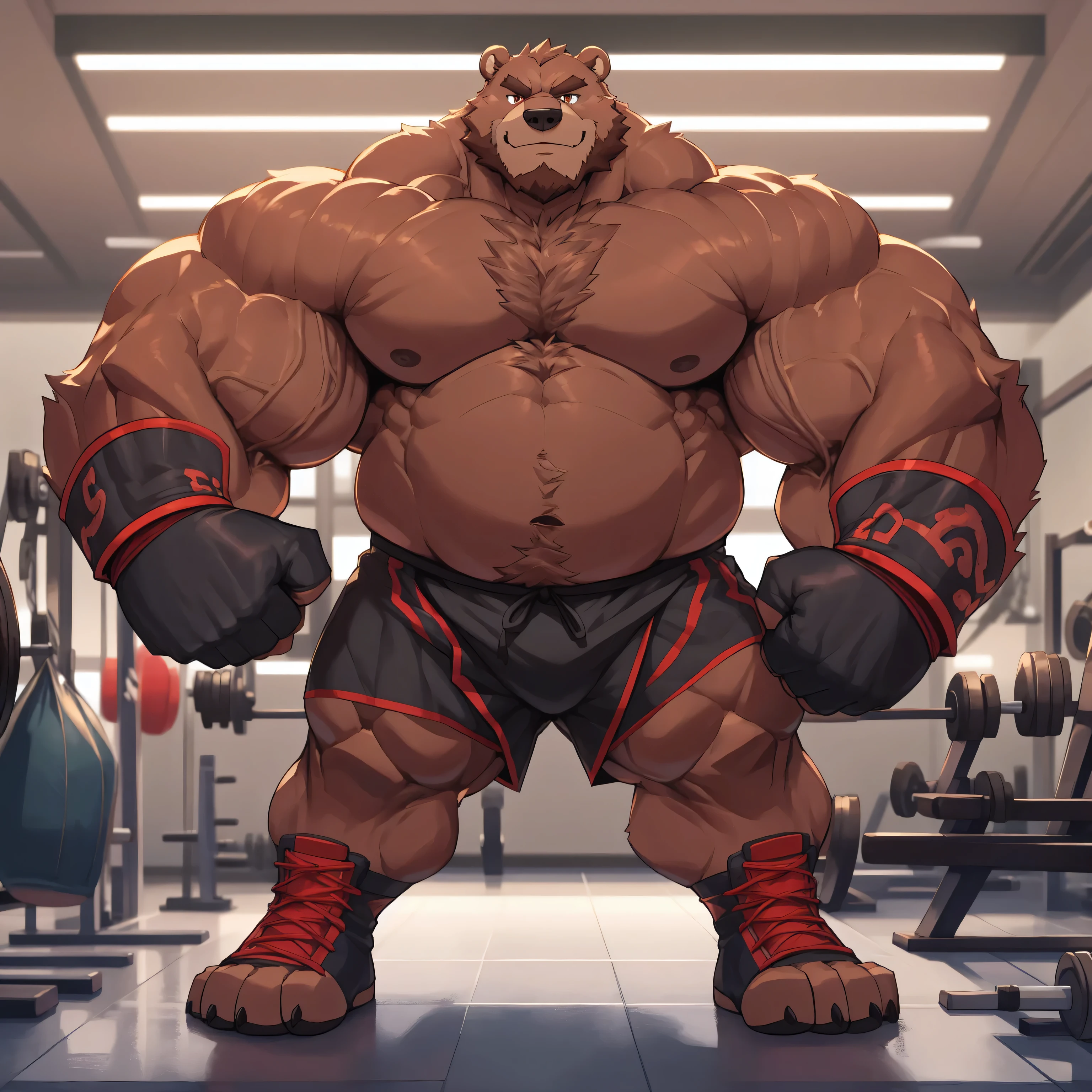 Solo, 1boy, huge muscular kodiak brown bear in big gym fitness center, big smirking, kodiak bear, huge brown fur, thick arms, huge arms, big fists, veins all over arms and chests, bald, big brown mustache and beard, (muscular, pectoral, wide pectoral, thick arms), HEIGHT: 220CM, WEIGHT: 370KG, gym sets, workout equipments, ring, punching bag, 8k, masterpiece, added cinnamon colored eyebrows, deatiled eyes with red pupils, (wearing black mixed martial arts shorts with red slits, black mixed martial art fingerless gloves with red pads, black toeless footwear tapes, shirtless and topless), punching and kicking techniques, bigger, harder, stronger.