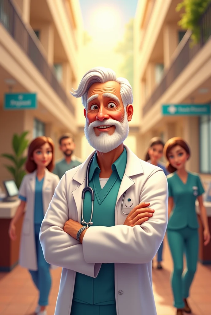 Create an image of a 75 year old man with a short white beard, dressed as a doctor and with a friendly expression. There must be several health professionals behind you.. The background of the image must contain a hospital named Santa Helena. The image must be generated in the Disney model.