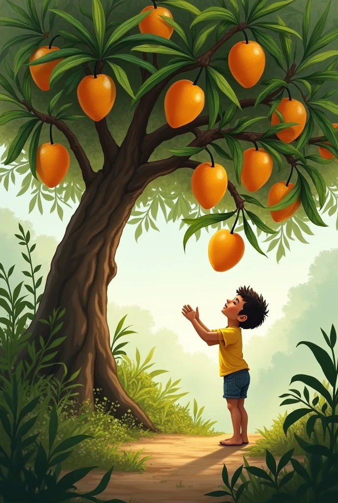 Mango Tree Giving Fruit:** Depict the tree bending slightly as if it’s offering mangoes to the boy. The tree’s branches are lowered with ripe mangoes within the boy’s reach. The boy is reaching out with a happy expression, eager to receive the fruits. The atmosphere is filled with a sense of connection between nature and the boy.