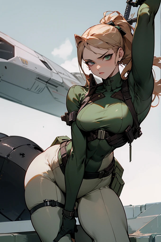 (high detailed)) 27 yo's woman, light cyan hair, Green mini beret, green Pandora's clothes,big And round breasts, gorgeous thicc plump body,angry expression,furious eyes,Green satellizer's outfit,Very long skirt, holding a extremely large weapon, dynamic pose, action position, perfect anatomy