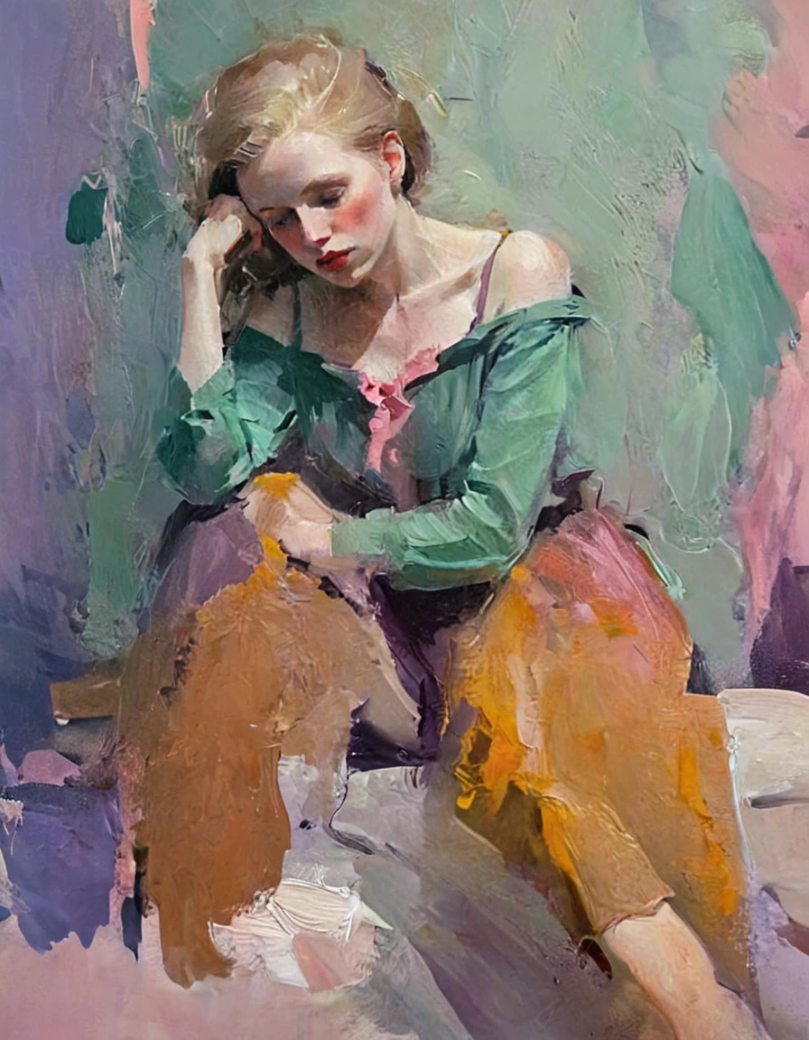 Create a portrait of a young woman in a semi-reclining pose with a pensive expression. Use a painterly style inspired by Malcolm Liepke, characterized by expressive brushstrokes and rich texture. Employ a color palette of muted greens, soft pinks, deep purples, and subtle flesh tones to evoke a sense of depth and emotion. The background should consist of abstract, textured layers in complementary colors, blending seamlessly with the figure. Pay attention to the contrast between the smooth, detailed rendering of the face and the rough, textured application of paint in the surrounding areas. Capture the delicate balance of vulnerability and strength in the subject's gaze and posture