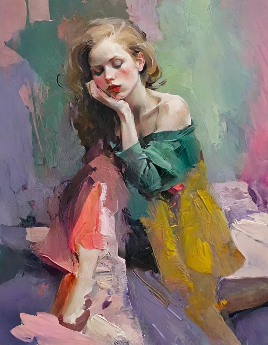 Create a portrait of a young woman in a semi-reclining pose with a pensive expression. Use a painterly style inspired by Malcolm Liepke, characterized by expressive brushstrokes and rich texture. Employ a color palette of muted greens, soft pinks, deep purples, and subtle flesh tones to evoke a sense of depth and emotion. The background should consist of abstract, textured layers in complementary colors, blending seamlessly with the figure. Pay attention to the contrast between the smooth, detailed rendering of the face and the rough, textured application of paint in the surrounding areas. Capture the delicate balance of vulnerability and strength in the subject's gaze and posture