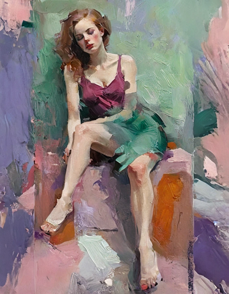 Create a portrait of a young woman in a semi-reclining pose with a pensive expression. Use a painterly style inspired by Malcolm Liepke, characterized by expressive brushstrokes and rich texture. Employ a color palette of muted greens, soft pinks, deep purples, and subtle flesh tones to evoke a sense of depth and emotion. The background should consist of abstract, textured layers in complementary colors, blending seamlessly with the figure. Pay attention to the contrast between the smooth, detailed rendering of the face and the rough, textured application of paint in the surrounding areas. Capture the delicate balance of vulnerability and strength in the subject's gaze and posture