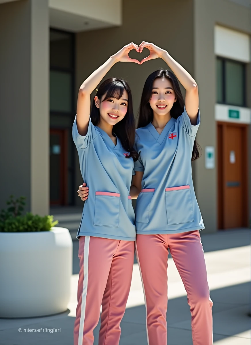 photograph, two smiling beautiful Korean female nurses wearing pink scrubs making heart shape with arms, beautiful detailed face, black hair, pale skin, fair skin, realistic skin, detailed cloth texture, detailed hair texture, Perfect proportion, Beautiful Face, accurate, Anatomically correct, Highly detailed face and skin texture , looking at viewer , modern hospital building, perfect anatomy