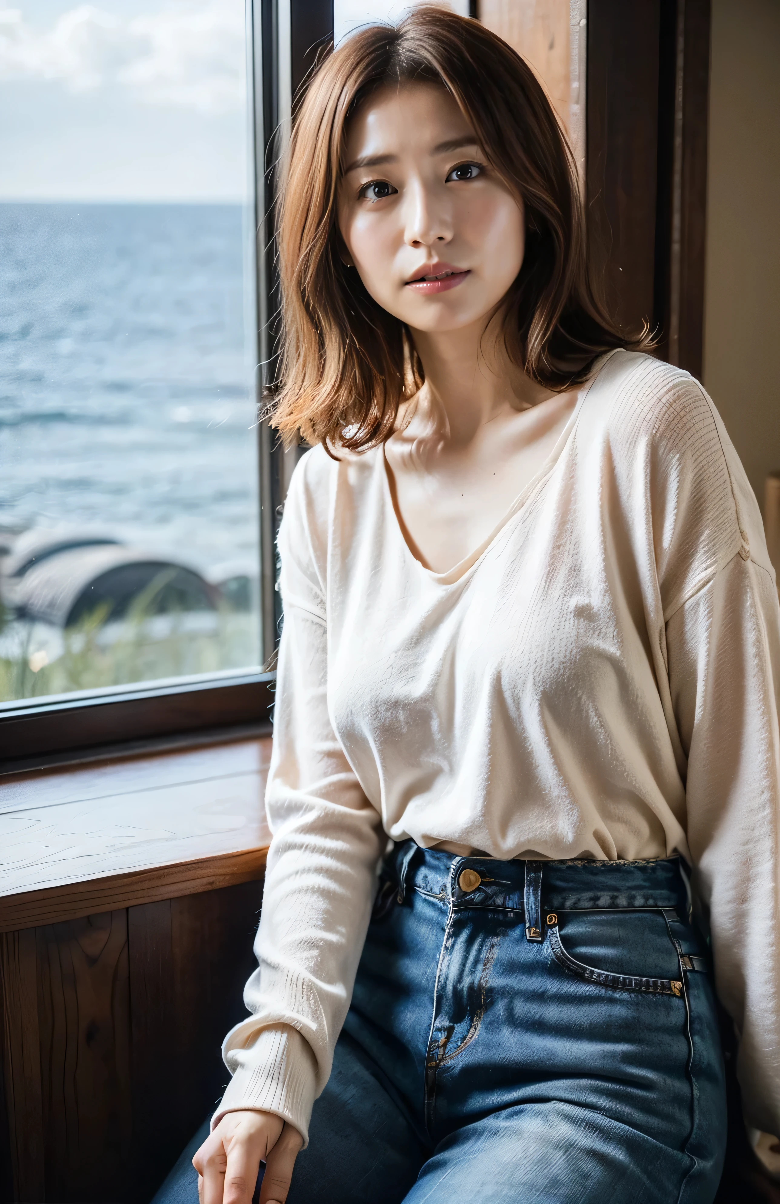 At the front desk of a luxurious inn、Midsummer Fashion、The sky turns red、Wet white t-shirt and jeans、、Light brown hair、Elegant hairstyle、Blue Eyed Woman、A woman with a cute upward gaze、When the sky gets dark、The sky turns red as the sun sets、Tight clothing that shows your body lines、、Elegant summer knitwear、Elegant summer sweater、Dress elegantly着こなす、Luxury Bagedium Shorthair:1.4))、The sun shines on her、Light brown hair、Light brown hair、The sky was dyed red、There are clouds、private's cute、Her ample breasts are obvious even through her clothes..、The shining sun is so beautiful、Dusk is approaching、Lens flare、I can see the sunset、((Sunlight reflecting off the ocean、Ocean View、The sun shines on the sea、'beautiful.、Small earrings、private'evening、Birds are also flying、、Brown Hair Color、Tying up hair、The woman is on the right:1.4))、Luxury leather belts、Shiny clothes、Light beige hair color、Background Blur、Braid only the front hair、Light brown hair、{{Cowgirl Shot}}、((Close-up shot from the waist up、Ample breasts:1.4))、Smile、Silk clothing、Ample breasts that can be seen even through clothes、Braid only the front hair、Cowboy Shot、Gorgeous white collared silk shirt and brown skirt、Dress elegantly、Luxury Bags、A lovely smile、((Ample breasts))、Full body photo、ring、Short skirt、Tuck your hair behind one ear、Silver Necklace、smile、 Elegant ponytail、Caustics、Highly detailed photos、Very beautiful and ideal short hair、Super no makeup、(8k、RAW Photos、Highest quality、masterpiece:1.2)、(Realistic、Realistic)、1 girl、((Medium Short Hair、Looking into the camera:1.4))、Hair blowing in the wind