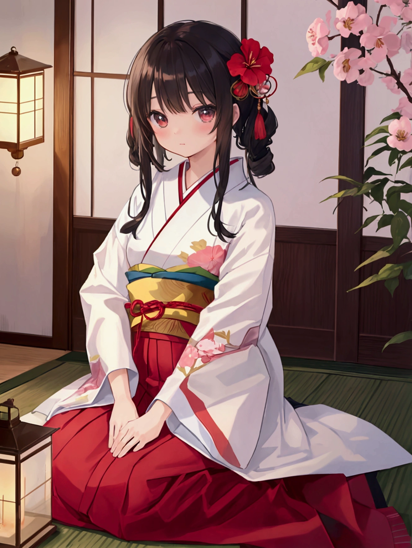 Anime illustration、Best Edition、masterpiece、girl、Kagami Hana Suigetsu、Bob、Black Hair、Red long-sleeved kimono、大きな黒い目まつ毛🐦⬛瞳キラキラ星がある、かわいい13歳の日本のgirl、background、Tatami room facing the garden、Paper Balloons、windmill、Paper dolls、Play with、The room is decorated with a vase of white hibiscus flowers.、Outside, the full moon shines、The garden has a small water-lit lantern.、There are evening glory flowers、limbs accurately、The number of fingers is five、A painting by a famous Japanese artist.、There is also elegance、