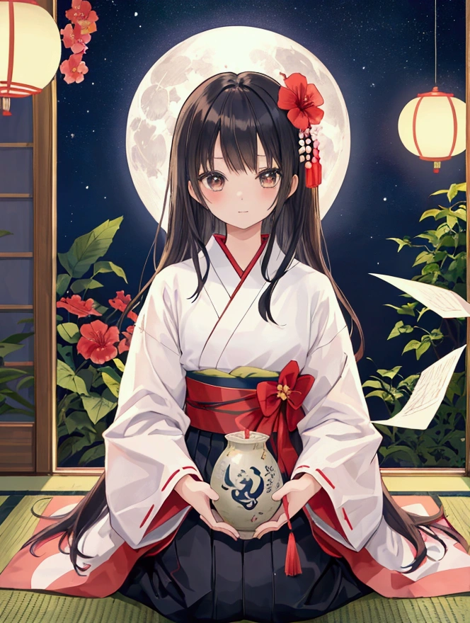 Anime illustration、Best Edition、masterpiece、girl、Kagami Hana Suigetsu、Bob、Black Hair、Red long-sleeved kimono、大きな黒い目まつ毛🐦⬛瞳キラキラ星がある、かわいい13歳の日本のgirl、background、Tatami room facing the garden、Paper Balloons、windmill、Paper dolls、Play with、The room is decorated with a vase of white hibiscus flowers.、Outside, the full moon shines、The garden has a small water-lit lantern.、There are evening glory flowers、limbs accurately、The number of fingers is five、A painting by a famous Japanese artist.、There is also elegance、