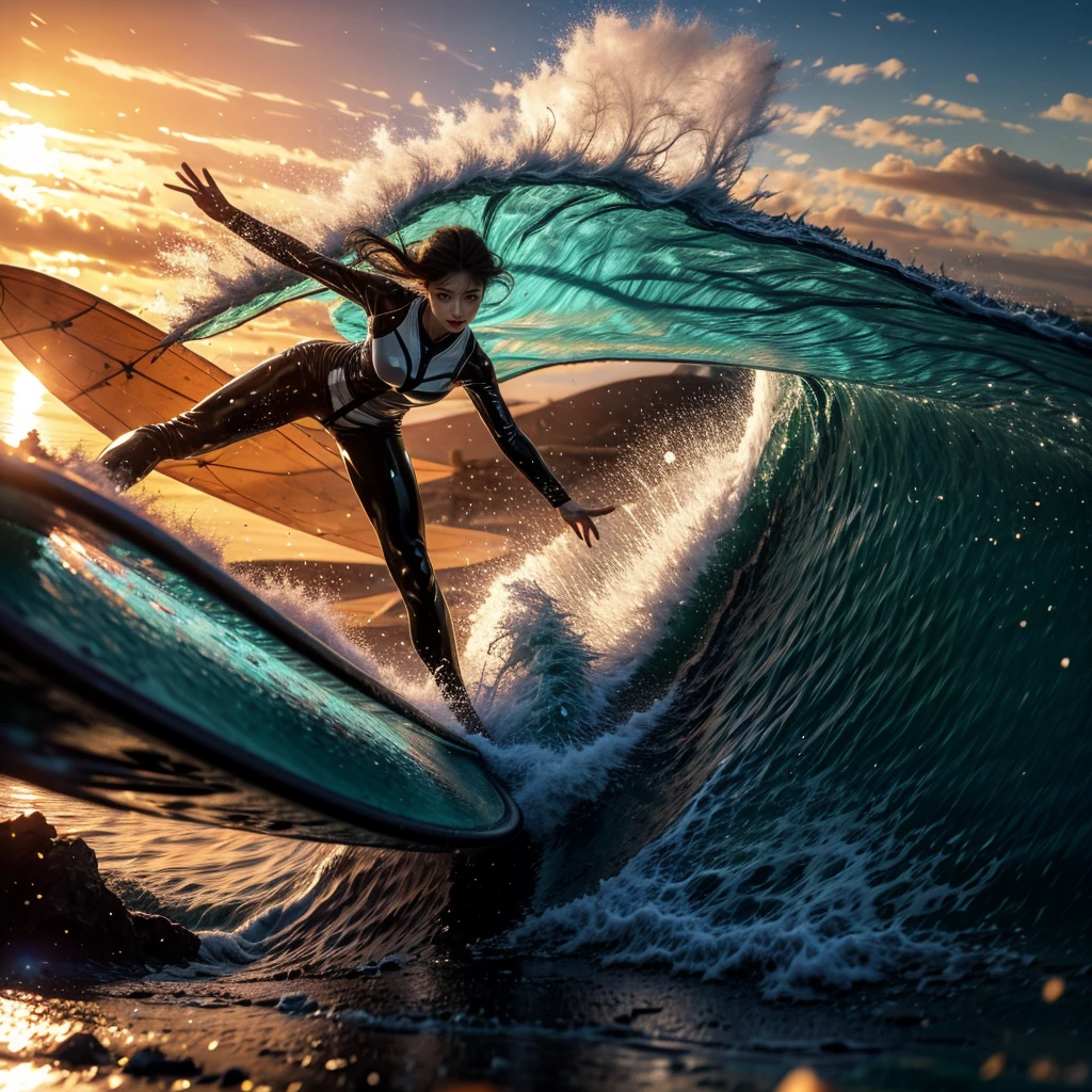 (Luminism:1.28), Side view、(TopQuality 8K Masterpiece:1.2) (ProfessionalPHOTO:1.37) Extremely Detailed (A girl standing on a surfboard riding a wave), (Colorful morning Glory Rays)、(Crouching and balancing on a surfboard.:1.28), (There is Detailed Only one surfboard under her feet:1.32) Splashing water Particles Sparkling waves, Glowing Wet Hair、(Super hourglass body type)、Dynamic motion blur, Perfect Hand、(Surfing Photos:1.4) Extreme Sports Photography with action pose