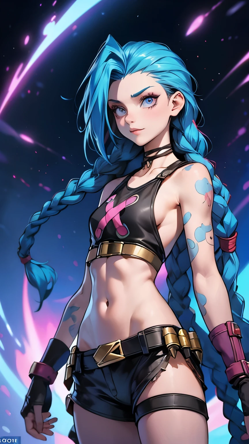 Height: Approximately 1,65 meters. Complexion: thin and athletic. fur: pale, with some scars and marks. hair: Short bright blue, with loose locks and braids. eyes: light blue, often with a manic glow. outfit: Jinx usually wears worn and ragged clothing., with bright colors and chaotic patterns. He often carries weapons and explosives.
