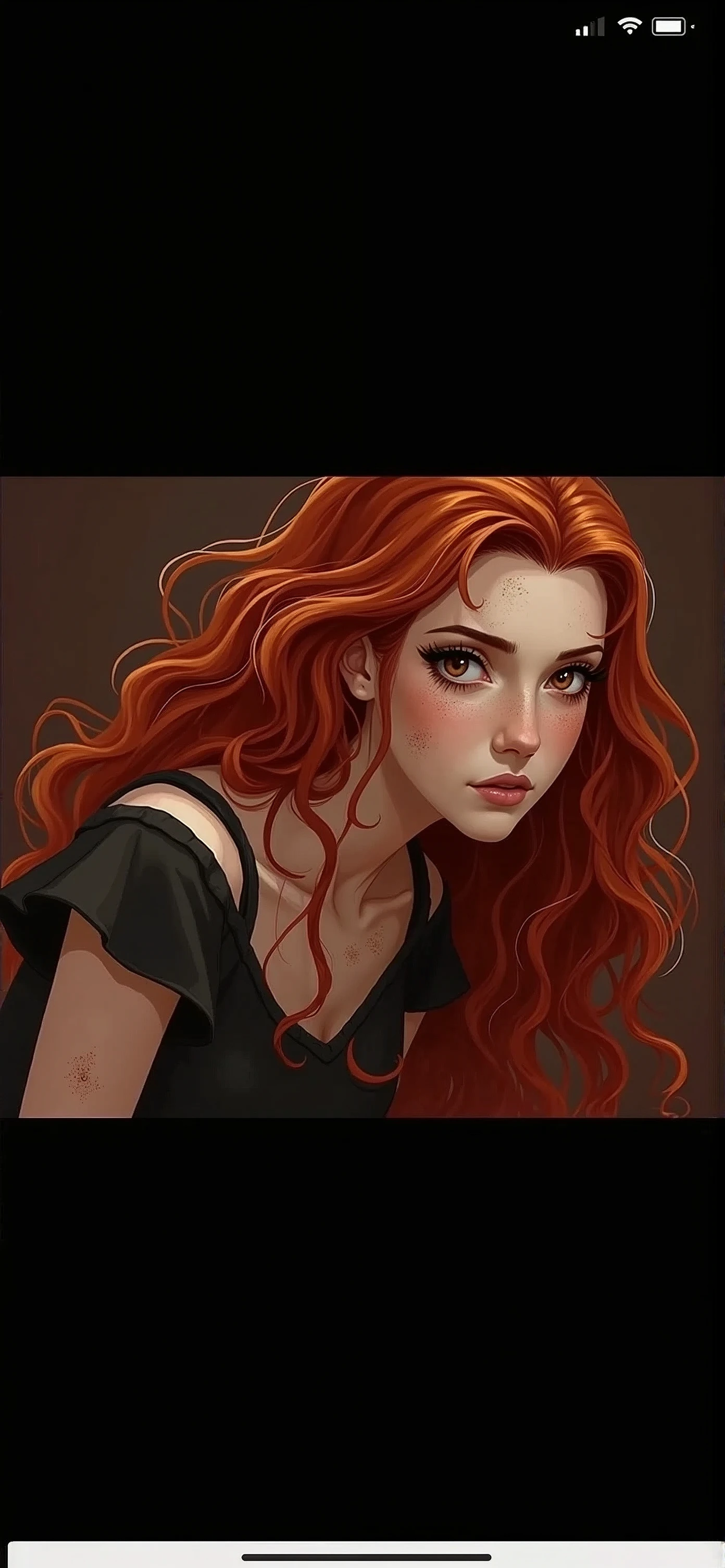 redhead woman + big, intense brown almond-shaped eyes + curly hair 3a and 3b + Brazilian+ freckles