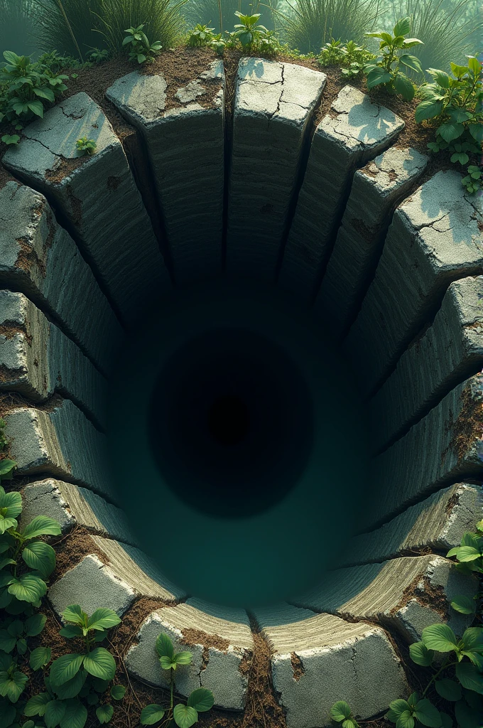 The Old Well: A close-up of an ancient, decrepit well with a dark, ominous hole and cracked edges, surrounded by overgrown vegetation.