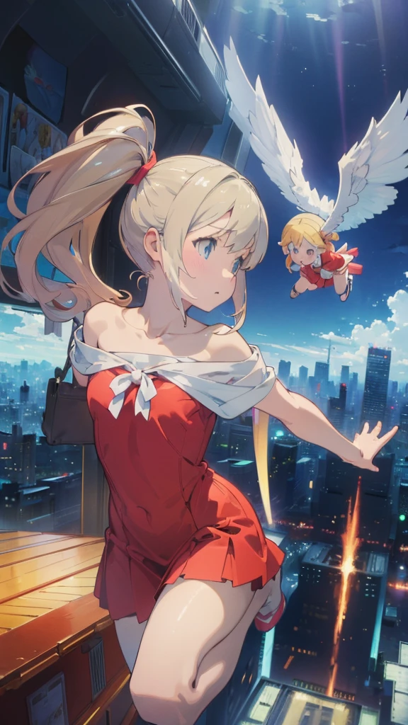 (Complete limbs)(Full Finger)(High resolution), (Very detailed)((masterpiece))((Highest quality))(Blonde)(Becoming an angel and flying in the sky、Falling、sky diving)Twin tails、In the sky、No clothes hanging on my shoulders、 Off the shoulder、Sleeveless、Character Design、Red dress、