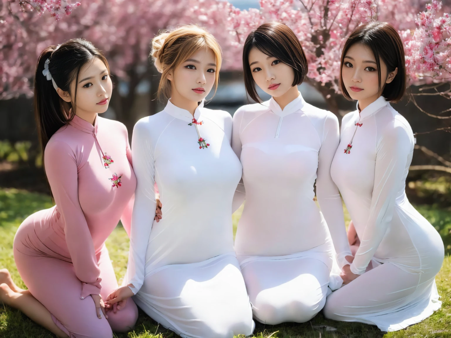 masterpiece, Highest quality, figure, Very detailed, The finer details, High resolution, 8k,wallpaper, Perfect dynamic composition,(Detailed high quality, Realistic depiction of eyes:1.3), (Three Girls), (Ao Dai:1.3), Seraphim, Short Bob Hair, The background is an empty bed, Deep in the field, Black hair color, Big Natural Color Lip, (Perfect figure), (smile)、Harajuku Style、Beautiful Japanese women:1.4), Adorable expression、Expressions of happiness、Very beautiful、Beautiful feet, Idol Sculpture、Big Breasts