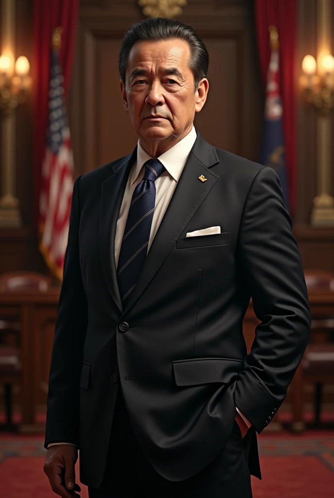 A man in a suit in parliament、67 years old.Black Hair